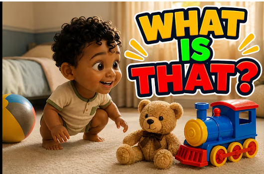 The 'WHAT IS THAT?' thumbnail — a toddler with his teddy bear and toy train