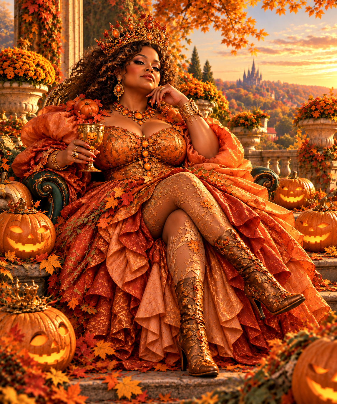 Amaya — a regal woman in an ornate orange pumpkin gown, seated among jack-o'-lanterns in Pumpkin City